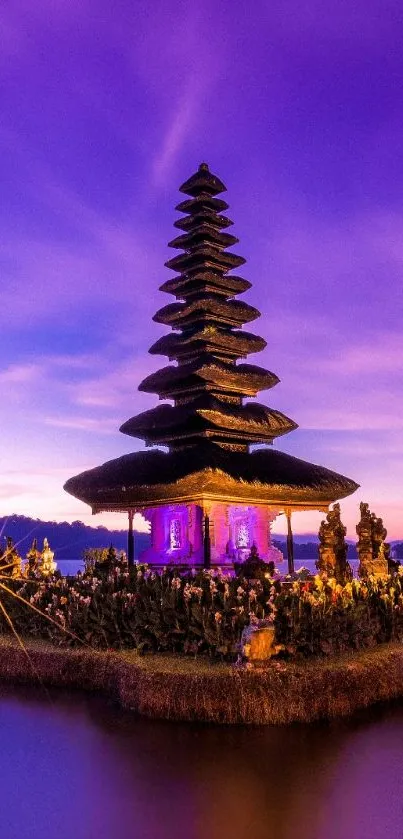 Purple Balinese temple at sunset mobile wallpaper.