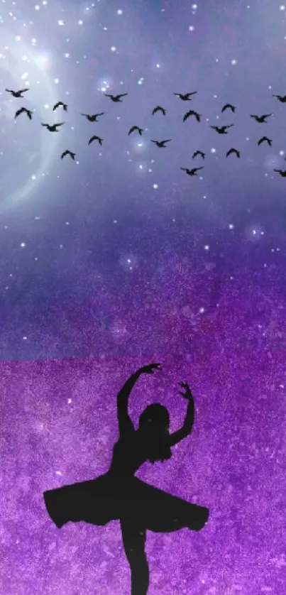 Silhouette dancer on a purple night sky, with stars and birds overhead.