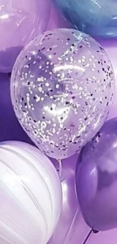 Purple balloons with confetti design wallpaper.