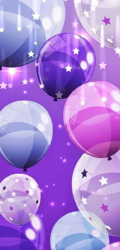 Purple balloons with star patterns on a vibrant background.