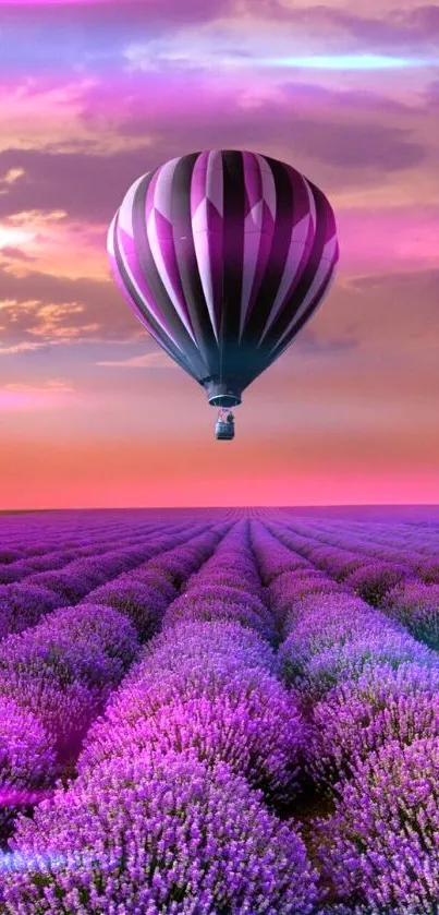 Hot air balloon over lavender field under purple skies.