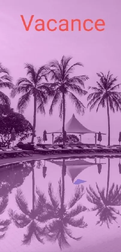 Purple-hued wallpaper of palm trees and calm water reflecting a beach view.