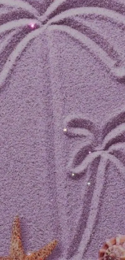 Purple sand art with palm trees and seashells wallpaper.