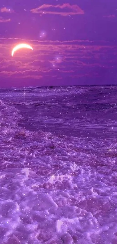 Purple sunset beach wallpaper with crescent moon and waves.