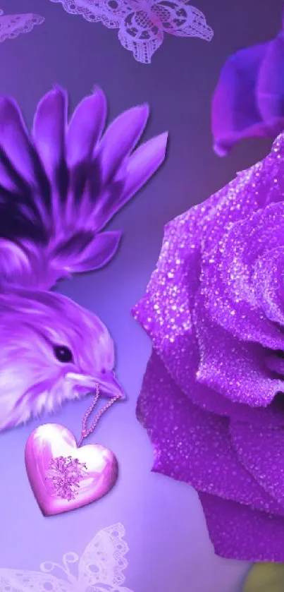 Purple theme with bird, rose, butterflies, and heart charm.