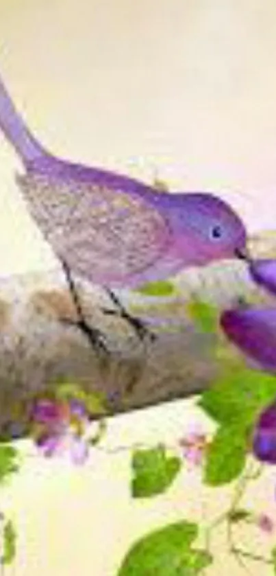 Purple bird sitting on a tree branch with flowers.