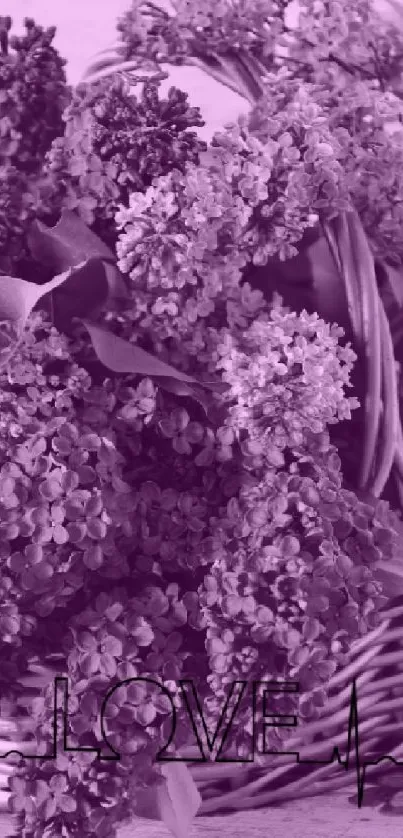 Purple flower basket with love text design.