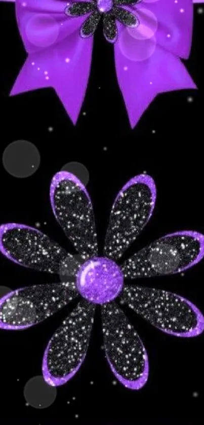 Purple and black wallpaper with bow and sparkling flower.