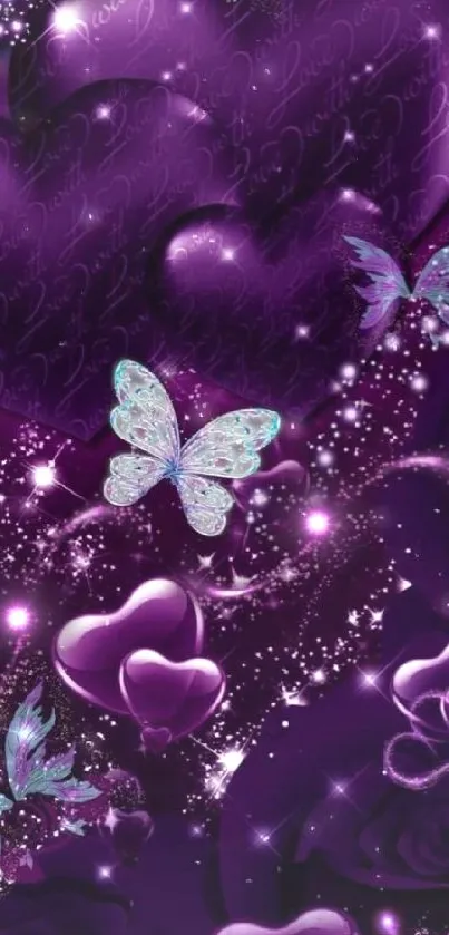 Purple wallpaper with butterflies and hearts.