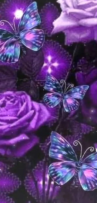 Purple roses and butterflies design with vibrant hues.