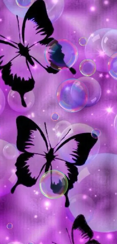 Black silhouettes of butterflies with bubbles on a purple background wallpaper.