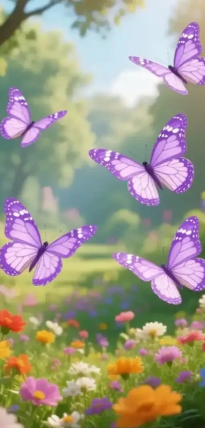 Purple butterflies fluttering in a colorful garden.