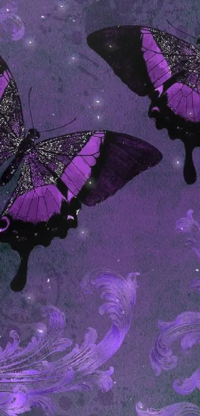 Purple butterflies on a dark floral pattern wallpaper.