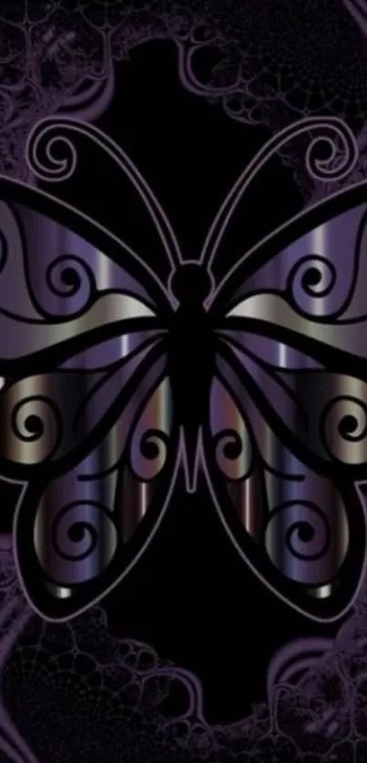 Dark purple butterfly abstract wallpaper with intricate swirls.