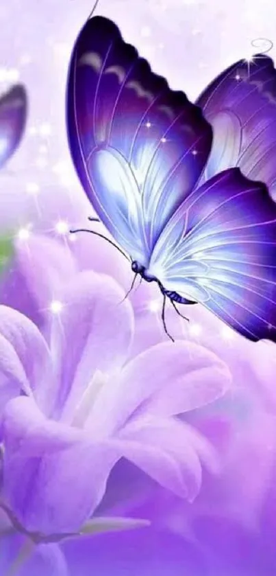 Purple butterfly resting on a pastel flower in a dreamy aesthetic scene.