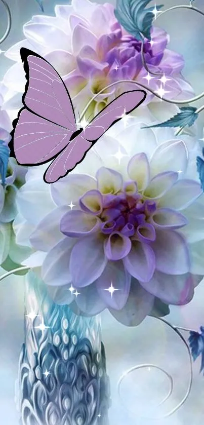 Purple butterfly with flowers wallpaper art.