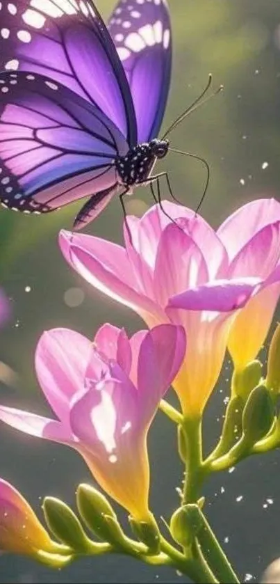 Purple butterfly resting on vibrant pink flowers.