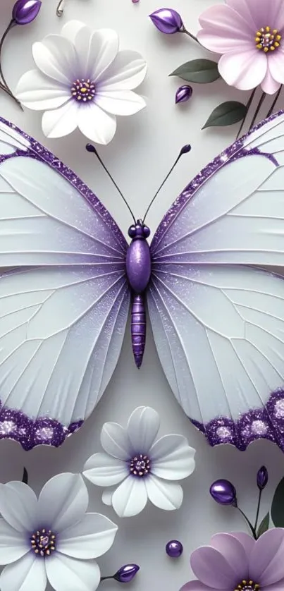 Purple butterfly with surrounding flowers, elegant design.