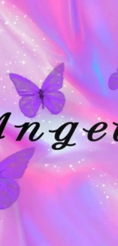 Purple butterfly angel wallpaper with shimmering pink background.