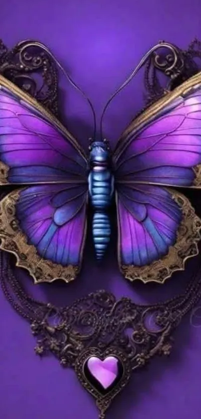 Purple butterfly with intricate design on a decorative background.