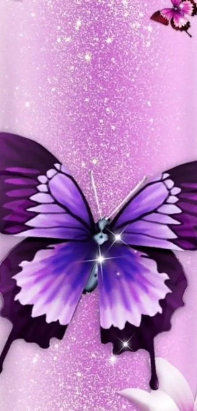 Purple butterfly with floral accents on a sparkling background.