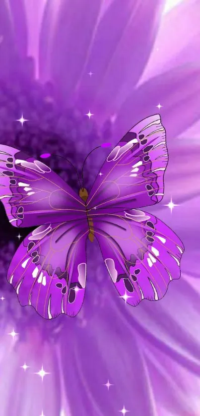 A vibrant purple butterfly on a floral background with sparkling stars.