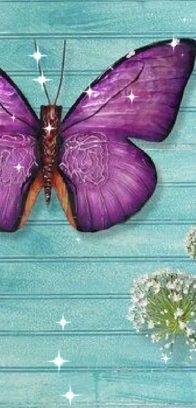 Purple butterfly with white flowers on blue wood texture.