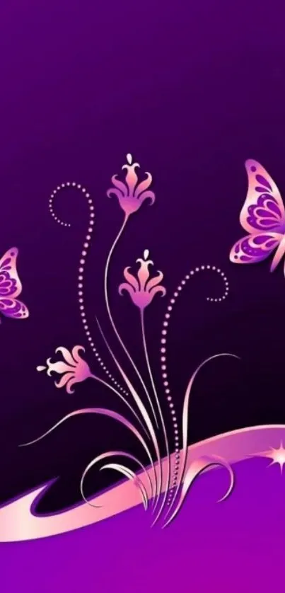 Purple wallpaper with butterflies and floral design.