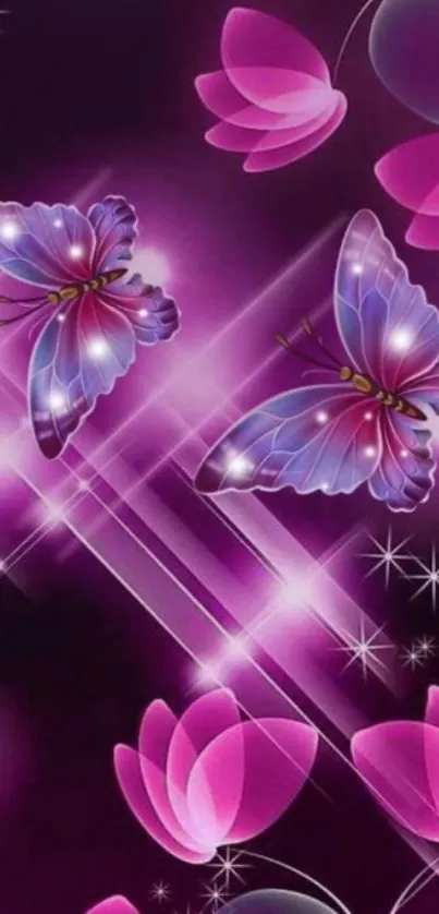 Purple butterfly and blossom wallpaper.