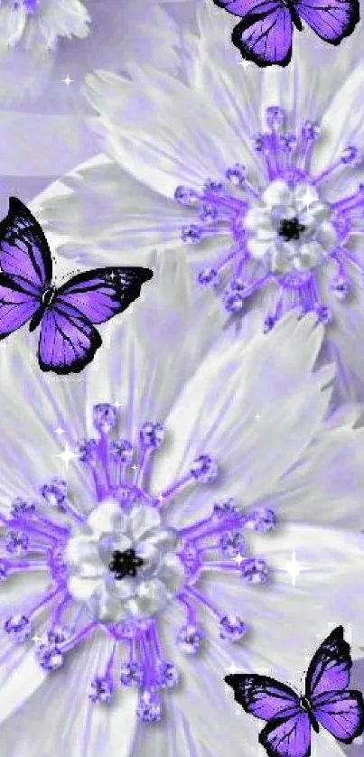 Mobile wallpaper with purple butterflies and flowers in a delicate design.