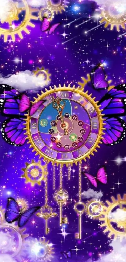 Whimsical purple clock wallpaper with butterflies and stars.