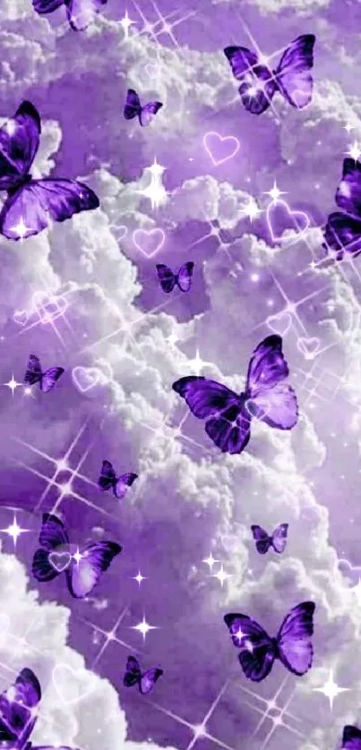 Purple butterflies fluttering among dreamy clouds with sparkles in a fantasy sky.