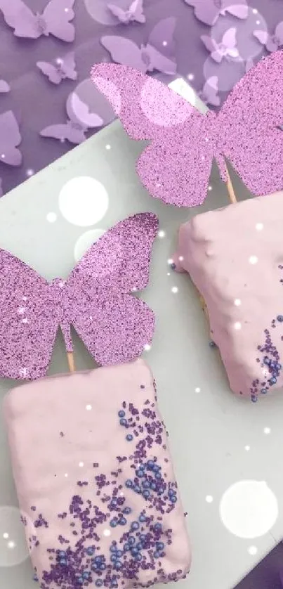 Purple butterfly pastries with decorative frosting on a stylish backdrop.