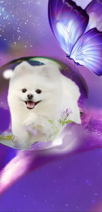 A white dog and purple butterfly with a cosmic background on mobile wallpaper.