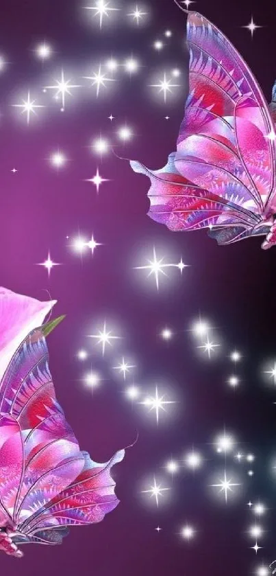 Purple butterfly and star pattern wallpaper with floral elements.