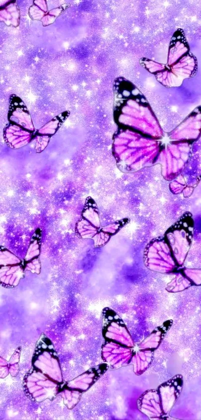 Purple butterflies and sparkles on a dreamy fantasy background.