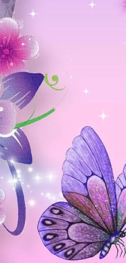 Purple butterfly with pink flowers on a gradient background wallpaper.