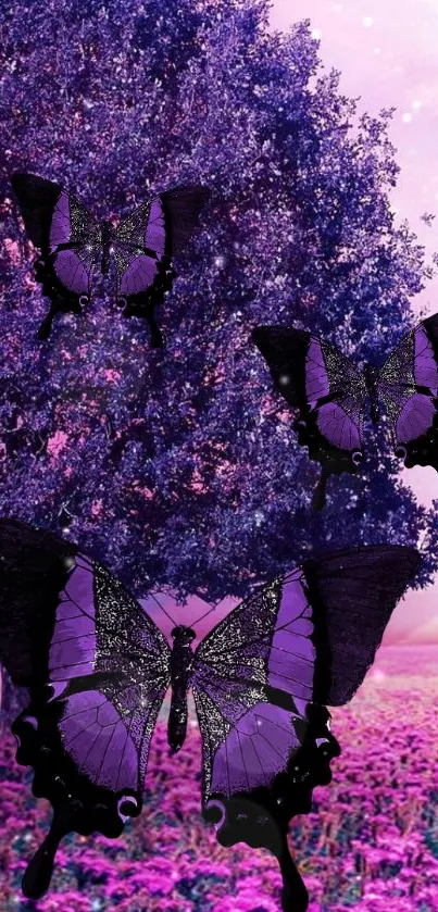 Vibrant purple butterfly wallpaper with a mystical landscape.