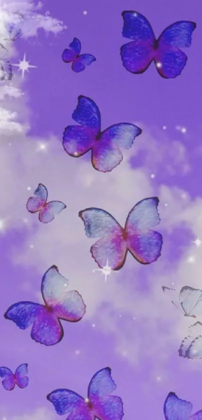 Purple butterflies on a dreamy cloudy sky background.