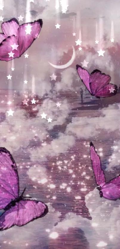 Purple butterflies with a dreamy sky background