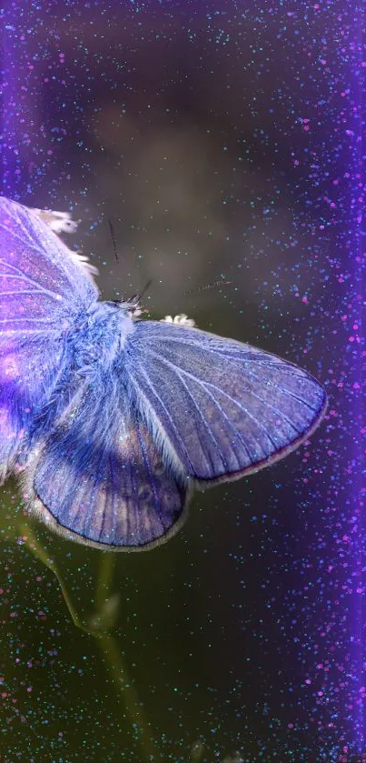 Purple butterfly with shimmering colors and ethereal light beams.