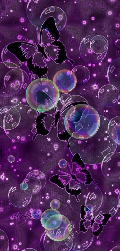 Purple butterfly wallpaper with bubbles and glowing effects.