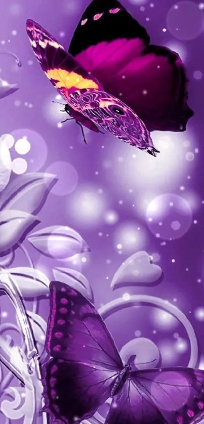 Purple butterflies with floral design wallpaper.