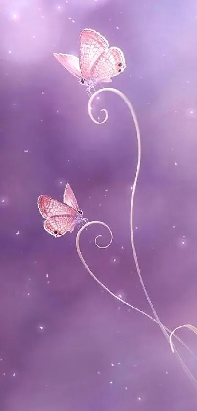 Two delicate butterflies on a purple backdrop, creating a serene and elegant wallpaper.