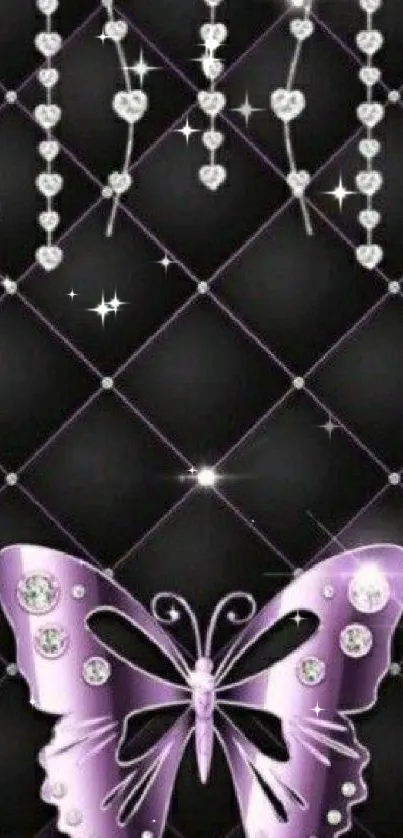 Elegant purple butterfly with diamonds on black wallpaper.