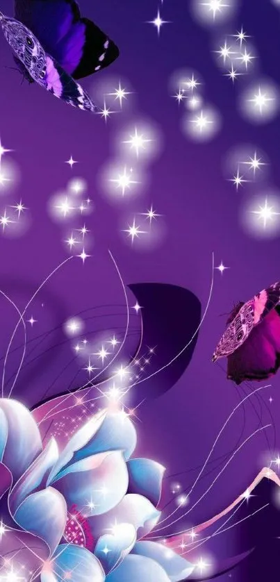 Purple wallpaper with butterflies and flowers.