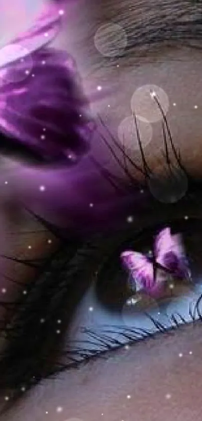 Purple butterfly on eye with vibrant colors.