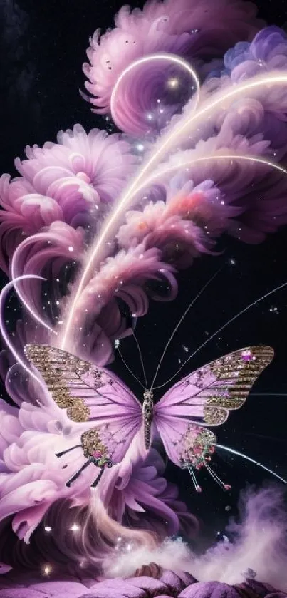 Enchanted purple butterfly amidst cosmic dreamscape.