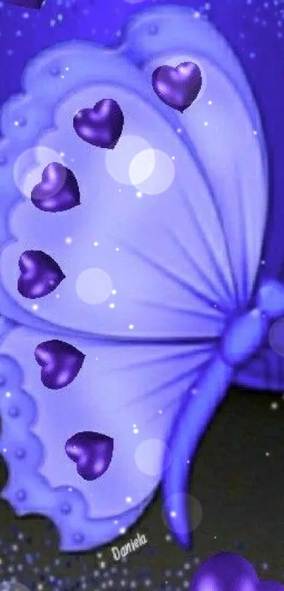 Purple butterfly with hearts on glitter background.