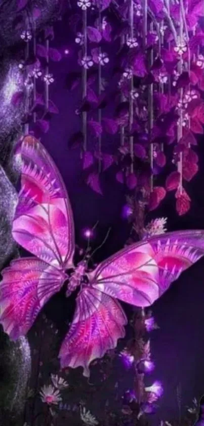 Purple butterfly in a magical forest setting.